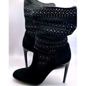 Black Suede Slouchy Perforated Grommet Stiletto Mid Calf Boots Dolce Vita 7.5M